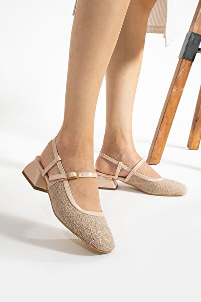 Papuckurdu Pantofi de balerină din țesătură tweed cu toc bloc scurt bej