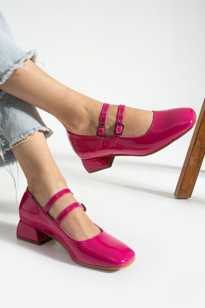 Papuckurdu Women's Mary Jane Pink Patent Leather Back Closed Double Band Squa...