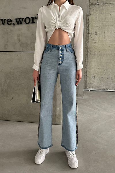 XRAY JEANS Pantaloni de damă din denim albastru de gheață Palazzo cu cusături inversate