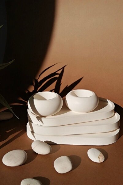 Mandalin Art Studio Dekoratif Tabaklı 2’li Beton Mumluk | Mum Hediyeli