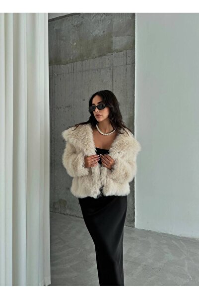 LB Laluna Butik Γυναικείο γούνινο παλτό με γιακά σάλι - Κλείσιμο με κούμπωμα