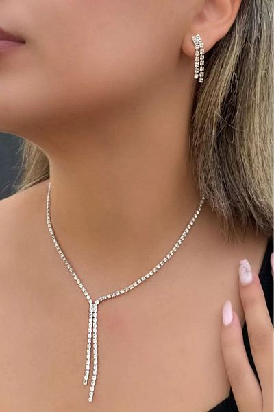Pudraksesuar Silver Colored Evening Dress Necklace and Earring Set - for Wedding and Engagement Bride