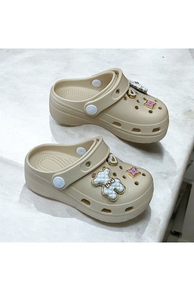 fikret bağcı Beige Children's Slippers - Closed Toe and Stone Detailed Cros