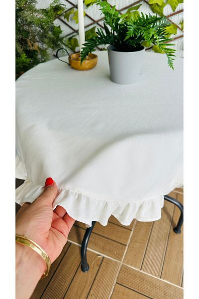 Decamor home Ecru Linen Textured Vintage Tablecloth - Stain Resistant and Ruffled