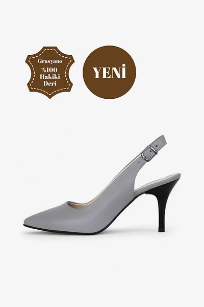 Grasyano Gray Genuine Leather Sandals - Comfortable, Soft Real Leather, Open Back 7.5 cm Stiletto Heels