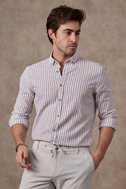 RAVANELLI Erkek Bej Çizgili Pamuk Keten Modern Slim Fit Gömlek