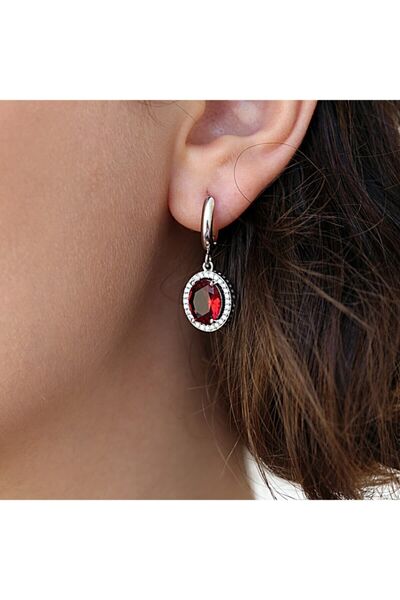 Takı Boom Kırmızı Beyaz Taşlı Oval Gümüş Küpe