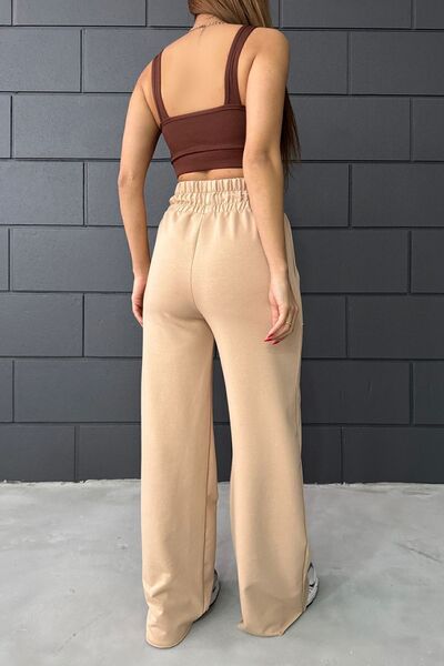 Sun Victoria Γυναικεία κρεμ φούτερ με δύο κλωστές με ελαστική τσέπη με λεπτομέρεια φαρδιά πόδι