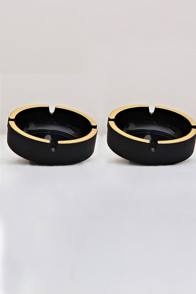 PİNK DESİGN KİTCHEN Gilded Embroidered Black Luxury Glass Ashtray 2 Pieces