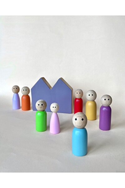 Arden Toy Store Doğal Ahşap Oyuncak Peg Bebek Ailesi ve İkiz Ev Oyun Seti