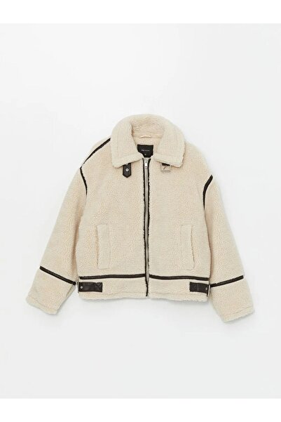 LC Waikiki LCW Vision Ekru Kadın Ceket Yaka Düz Pelüş Mont