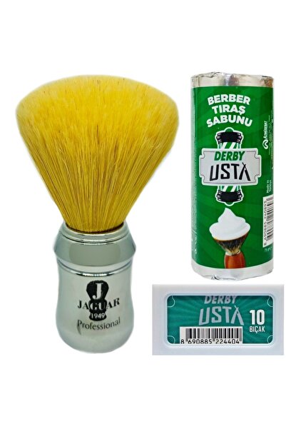 Tıraş Fırçası Jaguar 1949 Mix Kıl Krom Renk Sap, Derby Usta Tıraş Sabunu, 10'lu Jilet Set