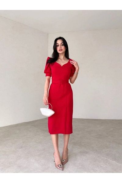Afiş Butik Red Midi Dress - Belted and Slit