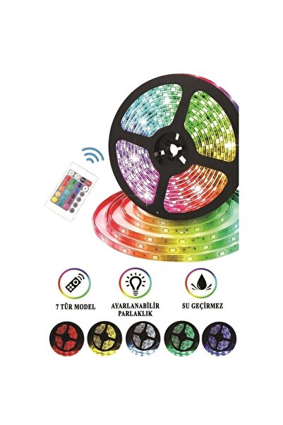 Atesshoppıng 5 mt Kumandalı Rgb Şerit Led Lamba iç Ve Dış Mekan Silikon Yapış...