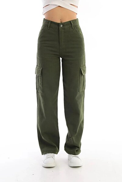 DRC trend Γυναικείο παντελόνι Khaki Fadeless Lycra Back Pocketless Model Cargo Palazzo