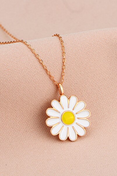Bilsen Store 925 Ayar Gümüş Zincirli Rose Kaplama Papatya Modeli Kolye