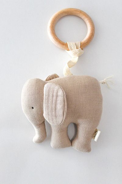 O&G Collection Organic Multi Muslin with Elephant Toy - 100% Cotton Natural Wooden Teether / Baby Room Decor