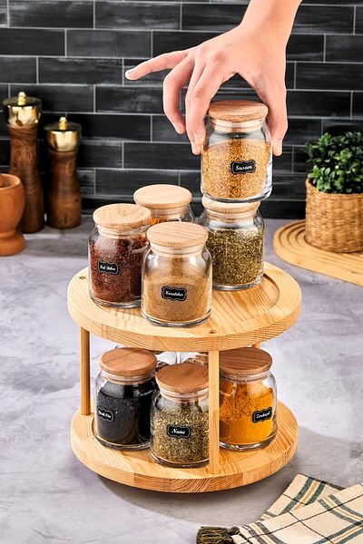 FBZhome 10-Piece Wooden Vacuum Lid with Rotating Stand Labeled Glass Spice Rack Set Storage Jar