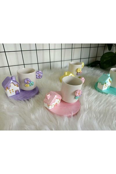 Süs Dükkanı Design Decorative Presentation Gift Coffee Cup Model Set of 2 Pink and Purple