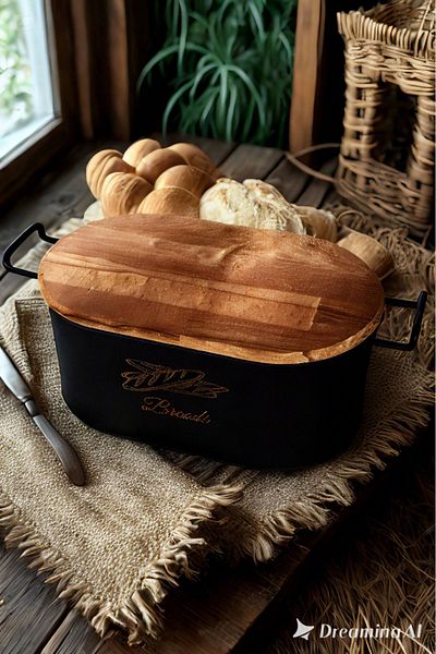 VENON Black Wooden Bread Holder - Bread Box with Wooden Handles