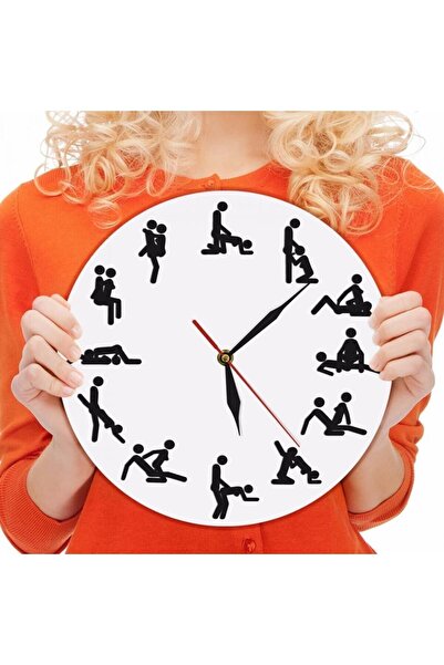 sihirlihediyem Beyaz Kamasutra Ahşap Duvar Saati 27cm Ahşap 27 Yuvarlak Geome...