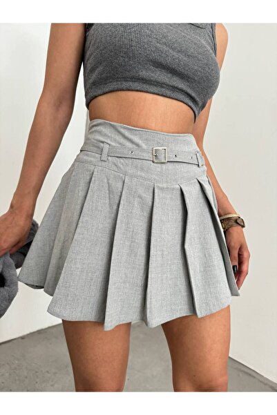 Fav Style Fusta Mini Gri - Femei, Detaliu Curea, Pantaloni Pliuri