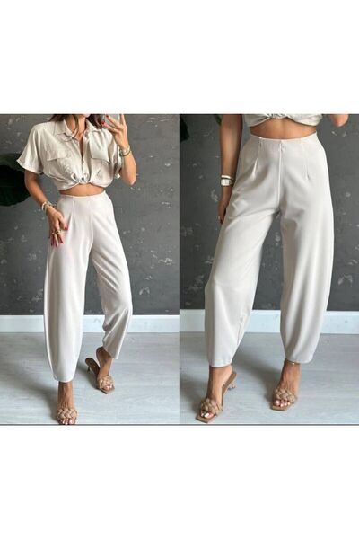 Genel Markalar Kadın Taş Rengi Balon Pantolon Full Likralı Beli Lastikli