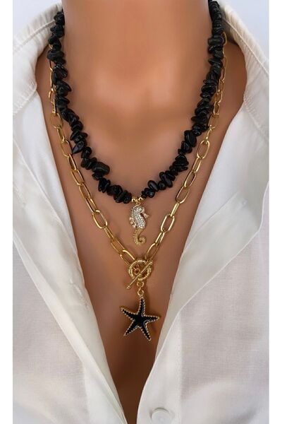 Trend Jewellery ( 2 KOLYE ) ÇELİK ZİNCİR ve Doğal Taş Siyah Oniks Zirkon Taşlı Gold Deniz Atı ile Yıldız Kadın Kolye