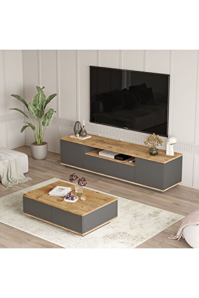 Yurudesign Future Tv Ünitesi Orta Sehpa 2'Li Set Çam-Antrasit FR17-AA