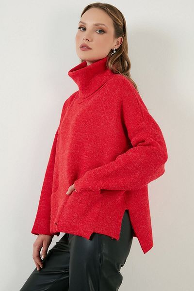 Lela Loose Pullover Sweater with Slits on the Sides, Turtleneck Collar and Pockets 63622553
