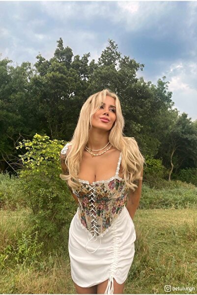 HERA BELLA French Vintage Floral Patterned Front Lace Up Corset Bustier