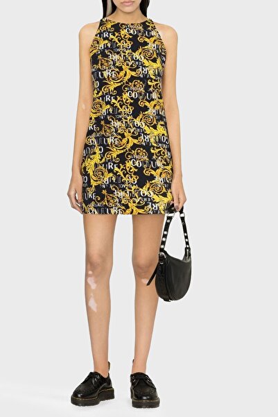 VERSACE JEANS COUTURE Streç Pamuklu Logo Desen Baskılı Regular Fit Mini Elbis...