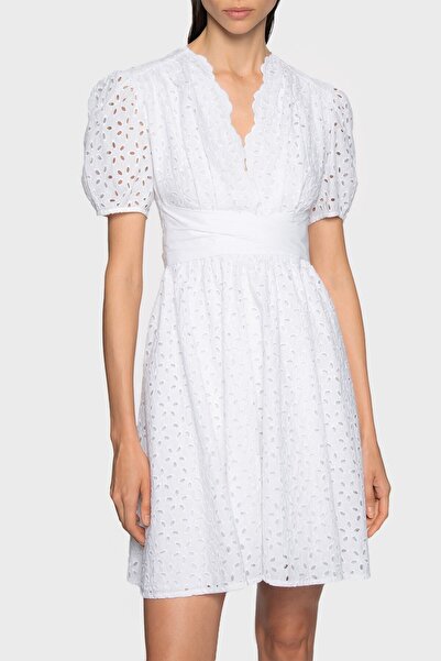 PİNKO % 100 Pamuk Sırt Dekolteli Fistolu Balon Kol Mini Elbise Elbise 100890 A0q4 Z04