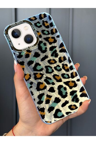 OSG iPhone 15 Uyumlu Leopar Desenli Darbe Emici Kamera Çerçeveli Parlak Lüx K...