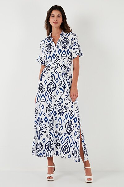 Lela Patterned Slit Shirt Collar Maxi Dress DRESS 611EL502