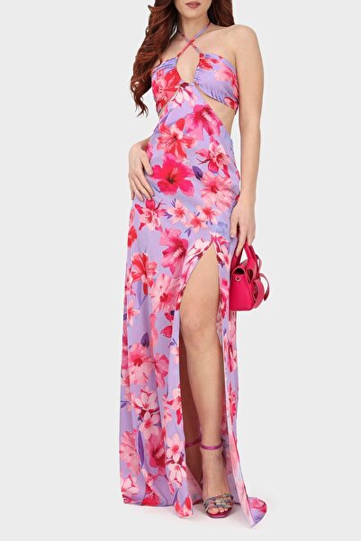 PİNKO Çiçek Desenli Boyundan Bağlamalı Sırt Dekolteli Maxi Elbise Elbise 1007...