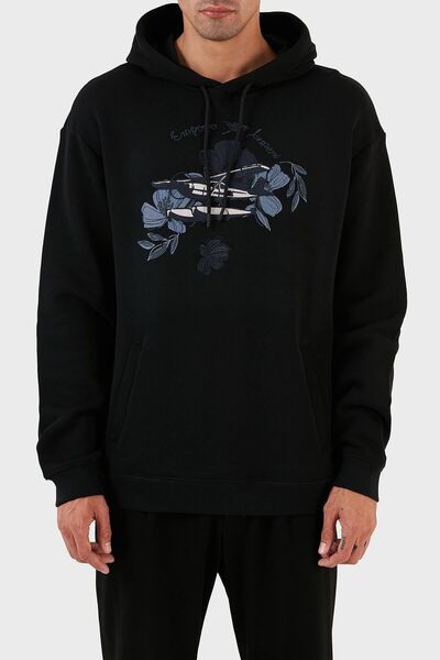 Emporio Armani Patterned Kangaroo Pocket 100% Cotton Hooded Relaxed Fit Sweat...