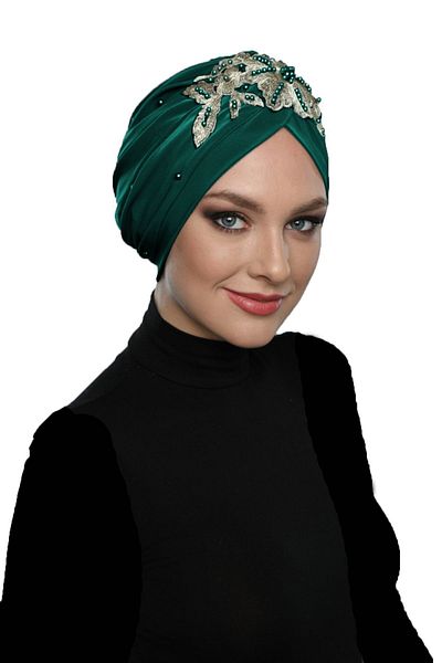 fidan bone Detachable Lining Embroidered Green Yellow Lace Motif Ready-made Hijab Hijab Evening Dress Bonnet