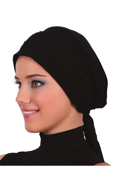 fidan bone Lace Bandana Black Ready-made Turban Hijab Bonnet