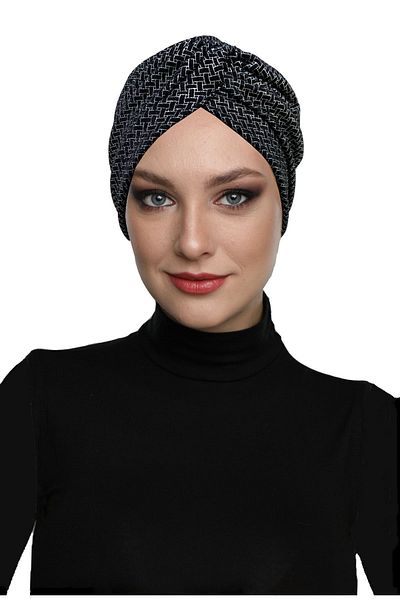 fidan bone Black-Silver Ready Turban Hijab Bonnet - Cross Patterned and Gilded Lined