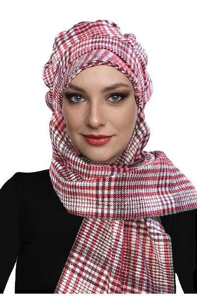 fidan bone Wool Cap Hat Scarf Plaid Patterned Claret Red-Cream Ready-made Turban Hijab Bonnet Beret