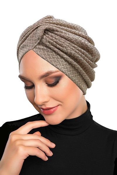 fidan bone Beige Colored Cross Patterned Gilded Lined Ready Turban Hijab Bonnet
