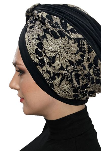 fidan bone Specially Designed Beige on Black Ethnic Patterned Lace Lined Ready-made Hijab Hijab Evening Dress Bonnet