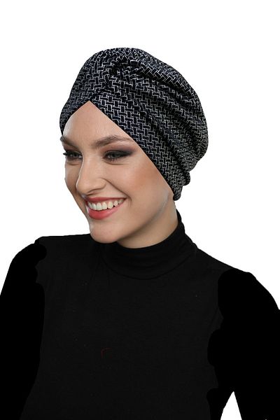 fidan bone Black-Silver Ready Turban Hijab Bonnet - Cross Patterned and Gilded Lined