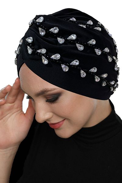fidan bone Shining Hand Embroidered Black-Silver Drop Ivy Lined Ready-made Hijab Hijab Evening Dress Bonnet