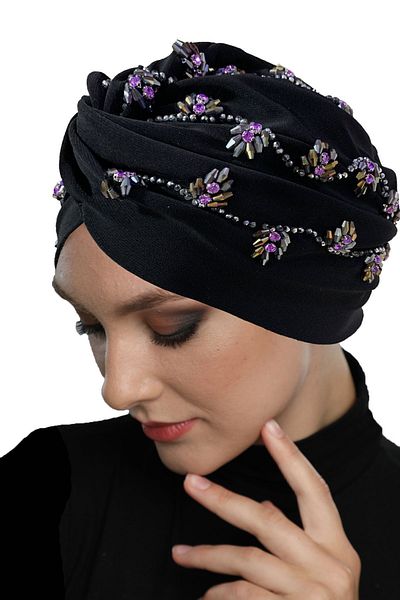 fidan bone Shining Hand Embroidered Black-Lilac Ivy Flower Lined Ready-made Hijab Hijab Evening Dress Bonnet