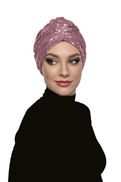 fidan bone Payetli Astarlı Pudra Hazır Türban Tesettür Abiye Bone