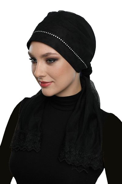 fidan bone Pearled Tulle Tied Tulle Coated Lace Ribbon Stone Embroidered Black Outer Bonnet Hijab Evening Dress