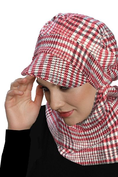 fidan bone Wool Cap Hat Scarf Plaid Patterned Claret Red-Cream Ready-made Turban Hijab Bonnet Beret