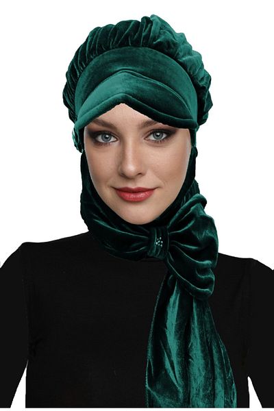 fidan bone Velvet Hat with Scarf Buckle Detailed Green Ready-made Turban Hijab Bonnet